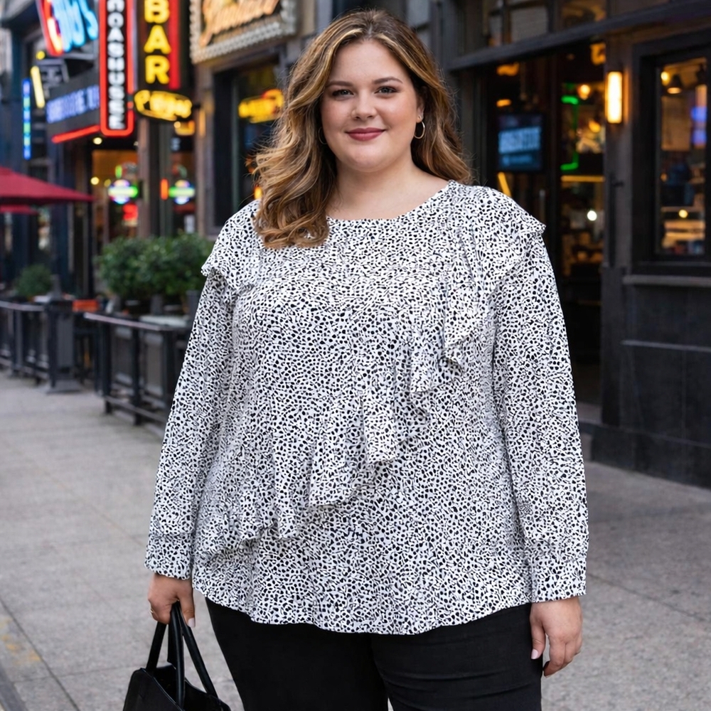 Reitmans Black & White Speckled Ruffle Blouse | Long Sleeve Workwear Top